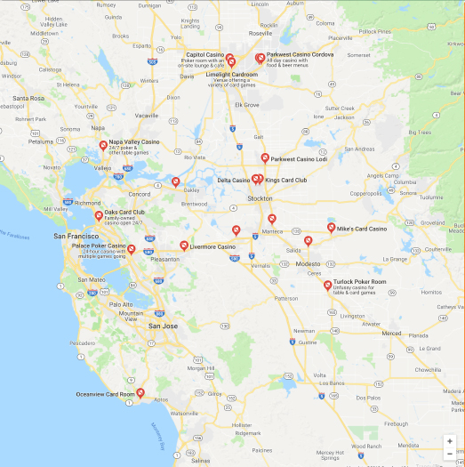 Map of California card rooms
