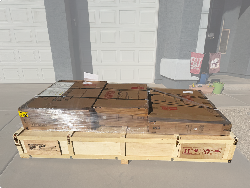 A BBO poker table securely wrapped and custom-crated for international freight